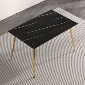 Modern minimalist rectangular black imitation marble dining table, 0.3 inches thick, gold color metal legs, suitable for kitchen, dining room