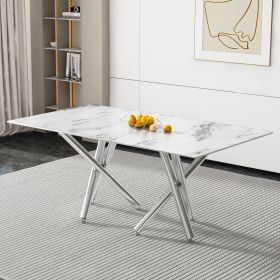 Large Modern Simple Rectangular Glass Dining Table for 6-8 People with 0.39-inch white imitation marble desktop and Silver Metal Legs for Kitchen Dini