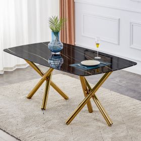 Large modern minimalist rectangular dining table with 0.39 "imitation marble black desktop and gold metal legs