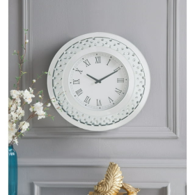 Wood and Mirror Round Analog Wall Clock, White- Saltoro Sherpi