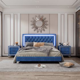 3-Pieces Bedroom Sets,Queen Size Upholstered Platform Bed with LED Lights and Two Nightstands-Blue