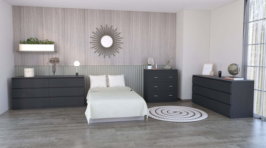 3 Piece Bedroom Set, 2 Cocora 6 Drawer Double Dressers + Capri Three Drawer Dresser, Black 3 Piece Bedroom Set, 2 Cocora 6 Drawer Double Dressers + Capri Three Drawer Dresser, Black