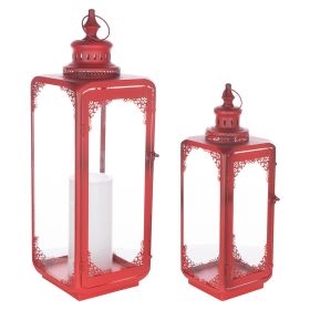 Ornate Curved Metal Lantern (Set of 2) (Color: Red)