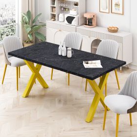70.87"Modern Square Dining Table with Printed  Marble Table Top+ X-Shape Table Leg (Color: Black+Gold)