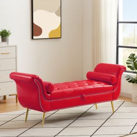 Sitting Bench PU Leather with Storage Space and 2 Pillows Hardware Feet (Color: Red)