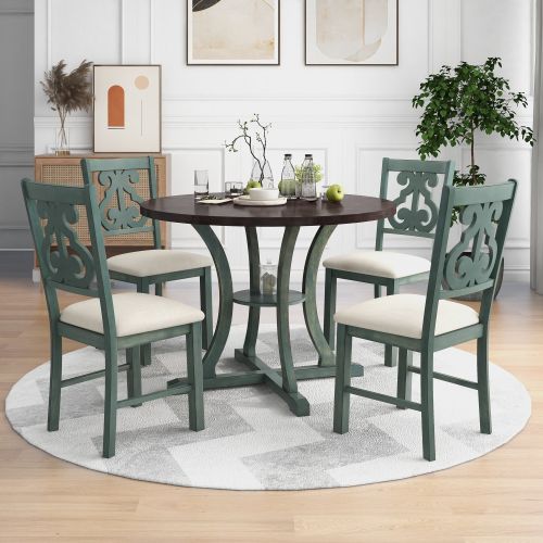 5-Piece Round Dining Table and 4 Fabric Chairs with Special-shaped Table Legs and Storage Shelf 5-Piece Round Dining Table and 4 Fabric Chairs with Special-shaped Table Legs and Storage Shelf