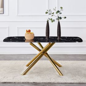 Large modern minimalist rectangular dining table with 0.39 "imitation marble black tabletop and golden metal legs (Color: as Pic)