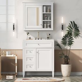30'' Bathroom Vanity with Top Sink, Modern Bathroom Storage Cabinet with 2 Drawers and a Tip-out Drawer, Freestanding Vanity Set with Mirror Cabinet (Color: as Pic)